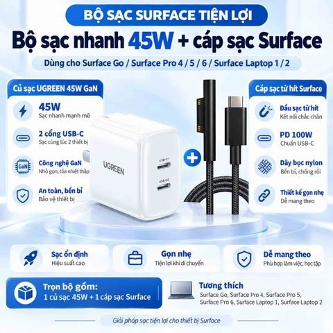 Bộ Sạc Nhanh dành cho Surface của UGREEN chính hãng 45W GaN + Cáp USB-C to Surface Connect 100W Dài 1.8m – Màu đen | JapanSport