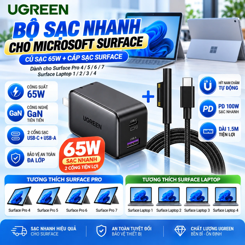 Bộ Sạc Nhanh dành cho Surface của UGREEN chính hãng 65W GaN + Cáp USB-C to Surface Connect 100W Dài 1.8m – Màu đen | JapanSport