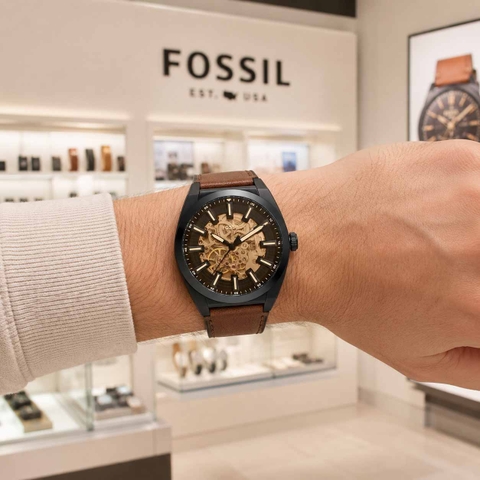 Đồng hồ nam Fossil Chính hãng - Everett Automatic Dark Brown LiteHide™ Leather - 42mm | JapanSport ME3207