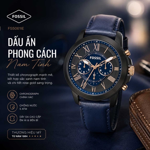 Đồng hồ Fossil Chính hãng - Grant Chronograph Navy Leather Watch 44mm | JapanSport FS5061IE