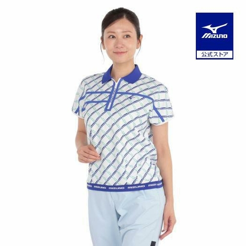 Áo Polo Mizuno Nữ Chính Hãng - Dry Aeroflow MG Logo Short Sleeve Shirt  - Màu Trắng Xanh | JapanSport E2MAC202-91