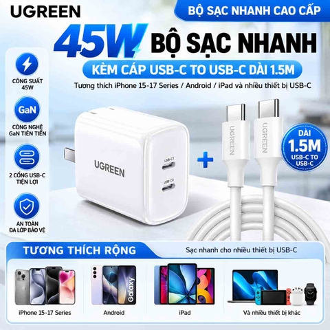 Bộ Sạc Nhanh UGREEN 45W GaN + Cáp USB-C to USB-C 1.5m – Màu Trắng | JapanSport