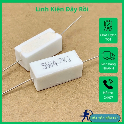 5 cái điện trở sứ 5W 4.7Kohm 4.7KR 4KR7 chân ngang 22x10x10mm