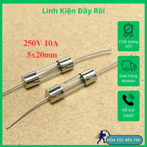 10 cái cầu chì ống thủy tinh 250V 1A 3.15A 4A 6.3A 8A 10A 15A chân cắm kích thước 5x20mm