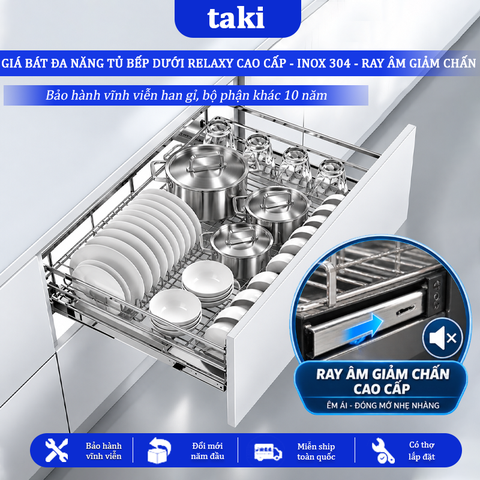 Giá Kéo Bát Tủ Bếp Dưới Đa Năng RELAXY, Kệ Chén Tủ Bếp - INOX  304 - Ray Âm Giảm Chấn - Bảo Hành Vĩnh Viễn - Có Thợ Lắp