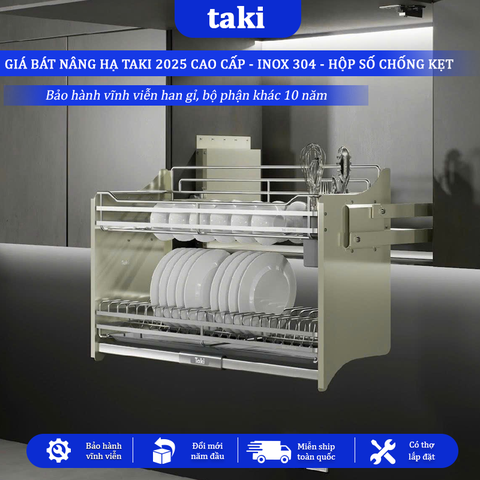 Kệ Chén Nâng Hạ TAKI WHITE CAO CẤP - NEW 2025 - INOX Không Gỉ 304, Bảo Hành Máy 10 Năm - Bảo Hành Vĩnh Viễn - Có Thợ Lắp Đặt