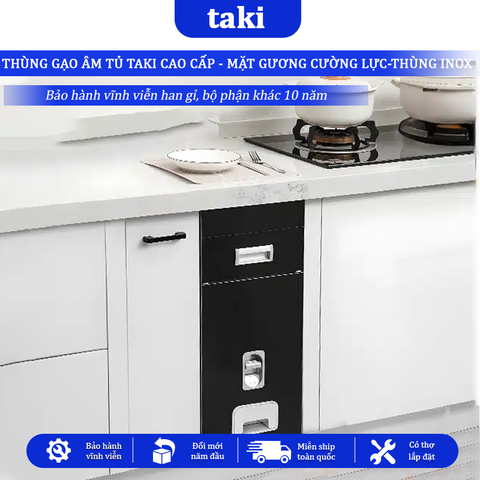 Thùng Gạo Âm Tủ TAKI Tủ Bếp CAO CẤP, Thùng Gạo Tủ Bếp, Mặt Gương Cường Lực, Thùng INOX 304, Bảo Hành Vĩnh Viễn