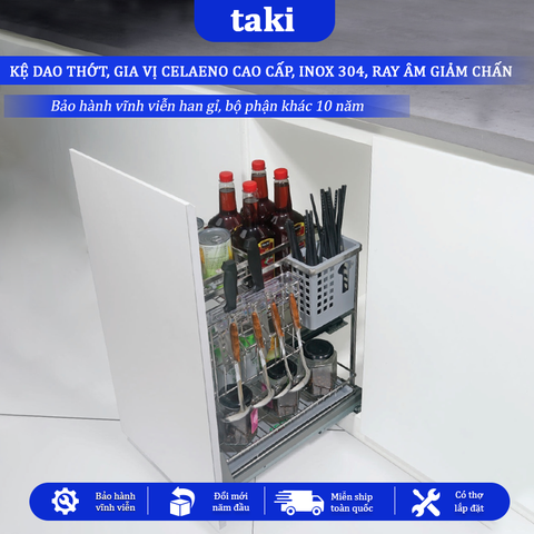Kệ Dao Thớt & Gia Vị Tủ Bếp CELAENO - INOX 304, Ray Âm Giảm Chấn, Bảo Hành Vĩnh Viễn, Có Thợ Lắp
