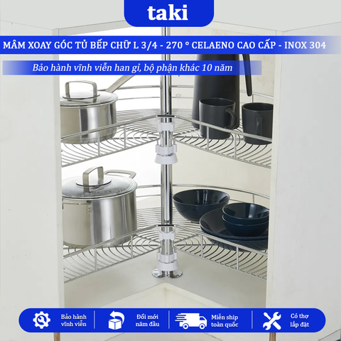 Kệ Góc Tủ Bếp CELAENO CAO CẤP, Kệ Góc Chữ L, Mâm Xoay 3/4 (270°) - INOX 304 - Bảo Hành Vĩnh Viễn - Có Thợ Lắp