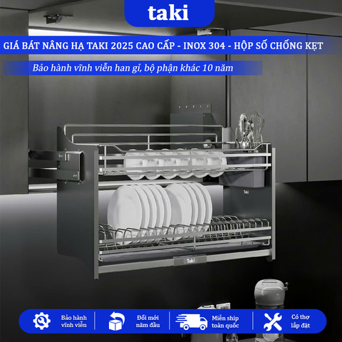 Giá Bát Nâng Hạ TAKI GRAY CAO CẤP - NEW 2025 - INOX Không Gỉ 304, Bảo Hành Máy 10 Năm - Bảo Hành Vĩnh Viễn - Có Thợ Lắp Đặt