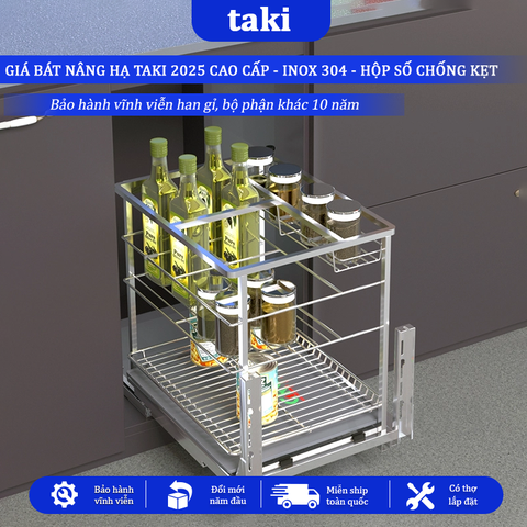 Kệ Đựng Gia Vị, Chai Lọ Tủ Bếp TAKI CAO CẤP, Chất Liệu INOX 304, Hệ Ray giảm Chấn, Bảo Hành Vĩnh Viễn, Có Thợ Lắp