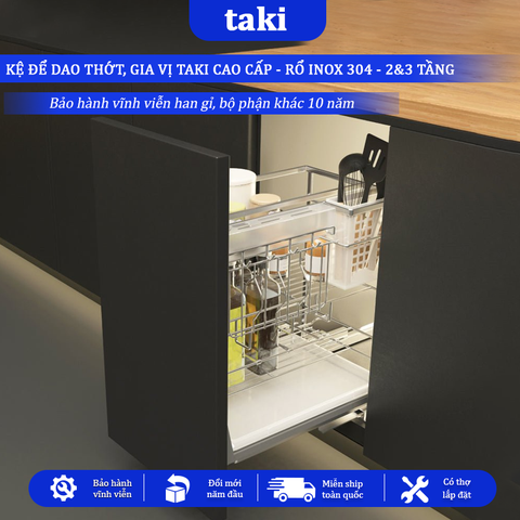 Kệ Dao Thớt & Gia Vị Tủ Bếp TAKI INOX Không Gỉ 304 -  Ray Âm Giảm Chấn Cao Cấp   - BẢO HÀNH VĨNH VIỄN - Có Thợ Lắp Đặt