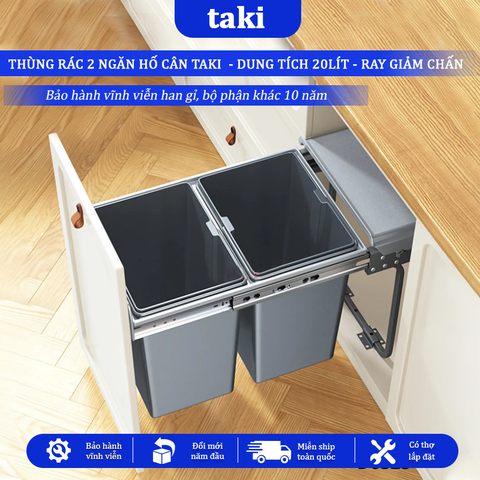 Thùng Rác Đôi Thông Minh Âm Tủ Bếp TAKI CAO CẤP , 2 Ngăn, Hố Cân, Dung Tích 20L - Bảo Hành 10 Năm - Có Thợ Lắp