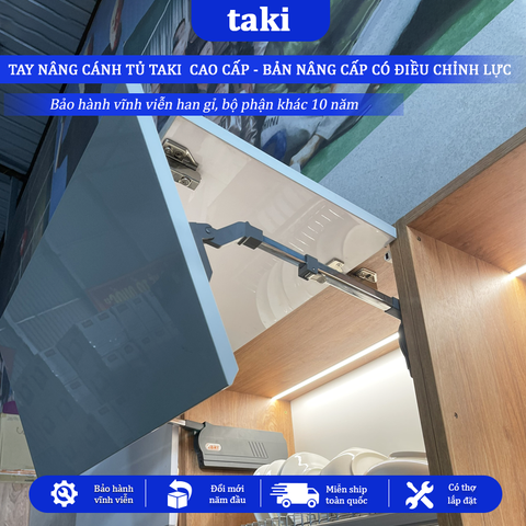 Tay Nâng Cánh Tủ TAKI G225, Bản Nâng Cấp Có Chỉnh Lực, Dừng Đa Điểm, Tay Đẩy Cánh Tủ - Bảo Hành 10 Năm - Có Thợ Lắp