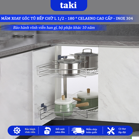 Mâm Xoay Góc 180°, Mâm Xoay Góc 1/2 Cho Tủ Bếp - Hiệu CELAENO - INOX KHÔNG GỈ 304 - Bảo Hành Vĩnh Viễn - Có Thợ Lắp Đặt