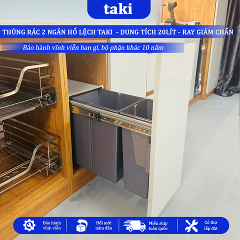 Thùng Rác Tủ Bếp TAKI CAO CẤP - Ray Giảm Chấn, 2 Ngăn Khoang 20L Hố Lệch - Bảo Hành 10 Năm - Có Thợ Lắp