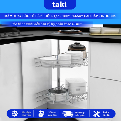 Mâm Xoay Góc Tủ Bếp 1/2(180°) RELAXY CAO CẤP - INOX KHÔNG GỈ 304, Bảo Hành Vĩnh Viễn - Có Thợ Lắp