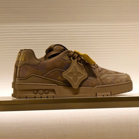 LOUIS VUITTON LV TRAINER SNEAKER IN TAUPE BROWN DAMIER EMBOSSED LEATHER