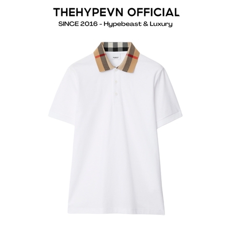 ÁO POLO BURBERRY IN COTTON PIQUÉ CHECK COLLAR (WHITE)