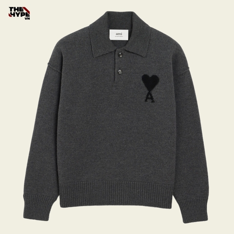 ÁO SWEATER AMI PARIS WOOL POLO (HEATHER GREY)
