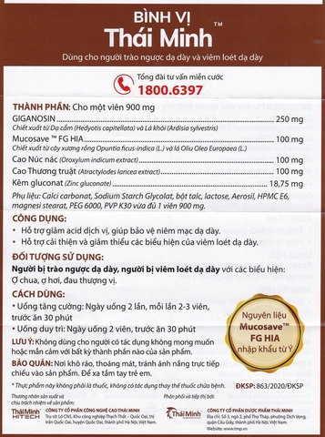 Viên uống Bình Vị Thái Minh hỗ trợ giảm acid dịch vị, giúp bảo vệ niêm mạc dạ dày (2 vỉ x 10 viên)