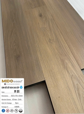 Sàn gỗ Mido Wood M91 cốt đen lát thẳng 12mm