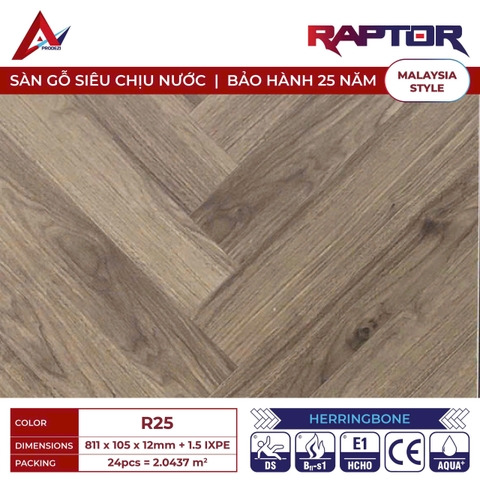 Sàn gỗ Raptor R25 cốt xanh xương cá 12mm