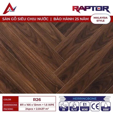 Sàn gỗ Raptor R26 cốt xanh xương cá 12mm