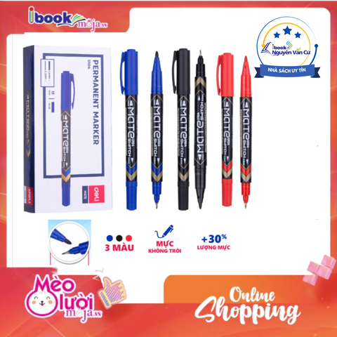 Bút Lông Dầu 2 Đầu Deli Mực Không Trôi Mực Xanh/Đen/Đỏ Cao Cấp Tiện Dụng EU10420