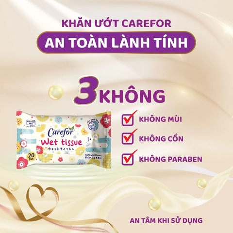 Khăn ướt bỏ túi Carefor 20 miếng không mùi, không cồn, dưỡng ẩm - lẻ 1 túi