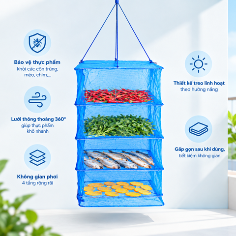 Lồng Lưới Phơi Thực Phẩm 4 Tầng – Giải Pháp Chống Côn Trùng & An Toàn Vệ Sinh