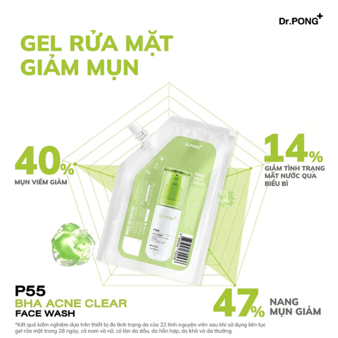 Gel rửa mặt hỗ trợ giảm mụn Dr.PONG p55 BHA Acne Clear Face Wash 300ml
