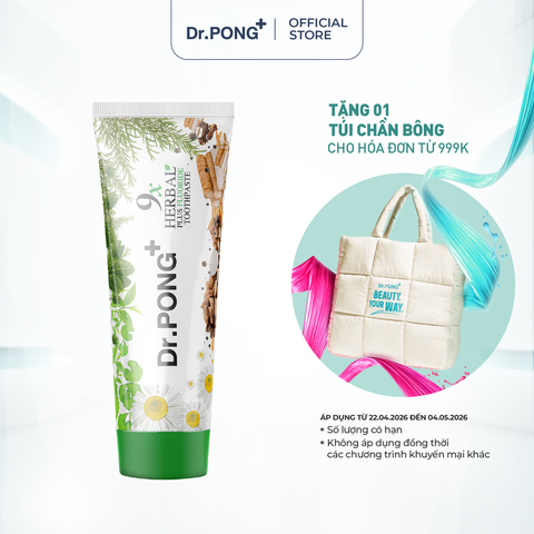 Kem đánh răng từ thảo dược & fluoride trắng răng, thơm miệng Dr.PONG 9X HERBAL PLUS FLUORIDE TOOTHPASTE 100g