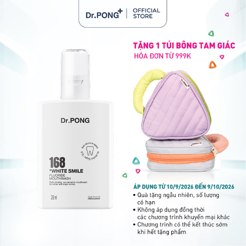 Nước súc miệng trắng răng, hỗ trợ giảm mảng ố vàng, khử mùi hôi miệng Dr.PONG 168 White Smile Fluoride Mouthwash 250ml