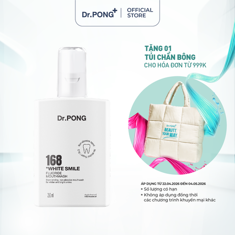 Nước súc miệng trắng răng, giảm mảng ố vàng, khử mùi hôi miệng Dr.PONG 168 White smile fluoride mouthwash 250ml