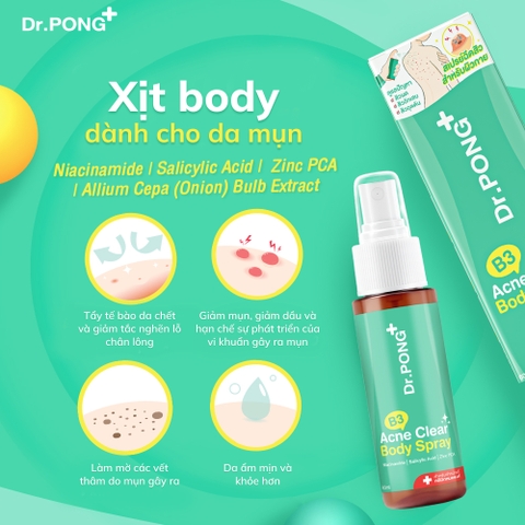 Xịt dưỡng hỗ trợ giảm mụn cơ thể Dr.PONG B3 Acne Clear Body Spray 60ml