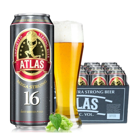 Bia Atlas Mega Strong 16% – thùng 24 lon 500 ml
