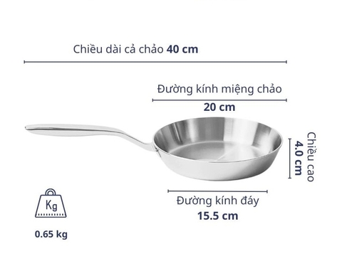 Chảo đúc inox 3 lớp đáy liền Tri-Ply Kaiyo KIP20 size 20cm