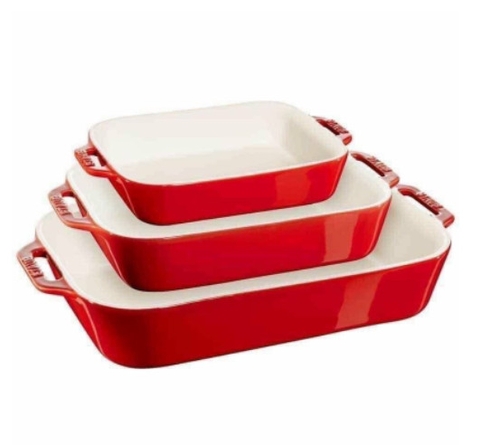 Set 3 khay gốm chữ nhật bỏ lò Staub màu đỏ