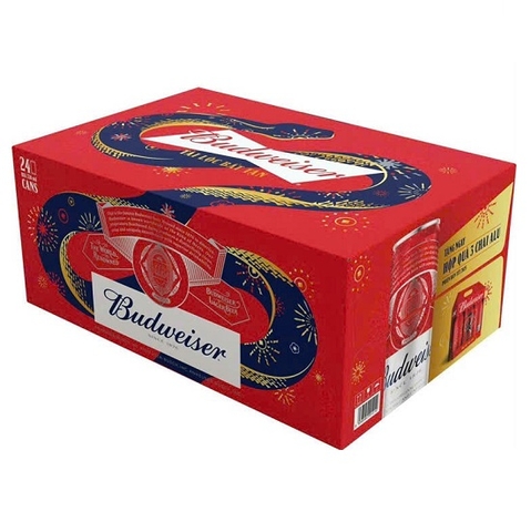 Bia Budweiser 5% Mỹ LD – thùng 24 lon 330 ml (mẫu Tết – tặng kèm Budweiser chai nhôm)