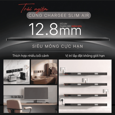 Chargee SlimAir Combo Thanh ray 50cm + 3 ổ đa năng + 1 ổ USBC màu Đen