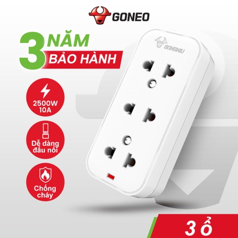 Ổ Cắm Điện Chống Cháy Gongniu 3 Ổ Mini Có Đầu Chờ Nối Dây 2500W/10A (103) - Chính Hãng