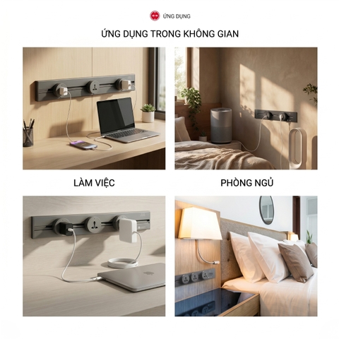 Chargee ELEGANT Combo Thanh ray kim loại 50cm + 3 ổ đa năng + 1 ổ USBC màu Đen