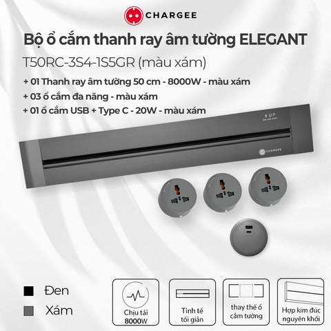 Combo Ổ cắm thanh ray âm tường CHARGEE ELEGANT màu xám T50RC-3S4-1S5GR