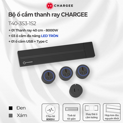 Combo Ổ cắm thanh ray CHARGEE 40cm + 3 ổ đa năng led tròn + 1 ổ type C T40-3S3-1S2