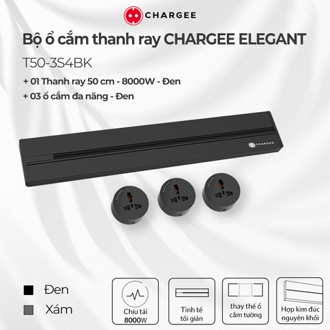 Combo Ổ cắm thanh ray CHARGEE ELEGANT 50cm màu đen T50-3S4BK