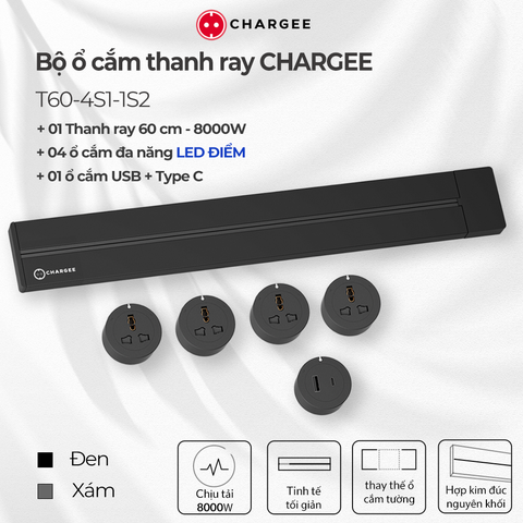Combo Ổ cắm thanh ray CHARGEE 60cm + 4 ổ đa năng led điểm + 1 ổ type C T60-4S1-1S2