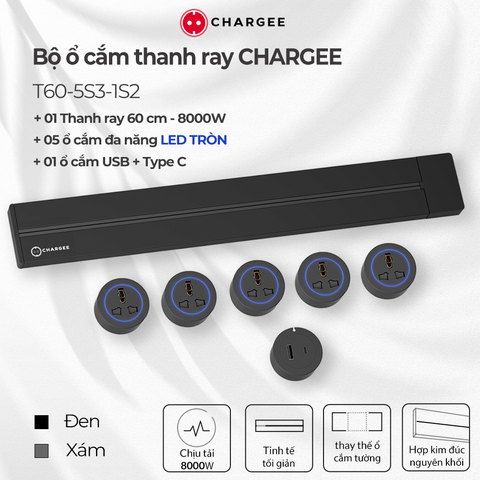 Combo Ổ cắm thanh ray CHARGEE 60cm + 5 ổ đa năng led tròn + 1 ổ type C T60-5S3-1S2