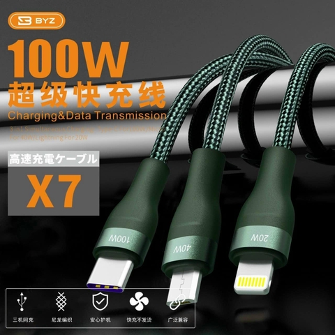 Cáp sạc nhanh 100w 6A BYZ X7 3 đầu đa năng chính hãng [BH 6 tháng]