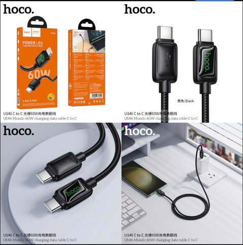 Cáp sạc nhanh 60w HOCO U146 (C-C) cáp dây dù Type C ra Type C (2 đầu Type C) chính hãng